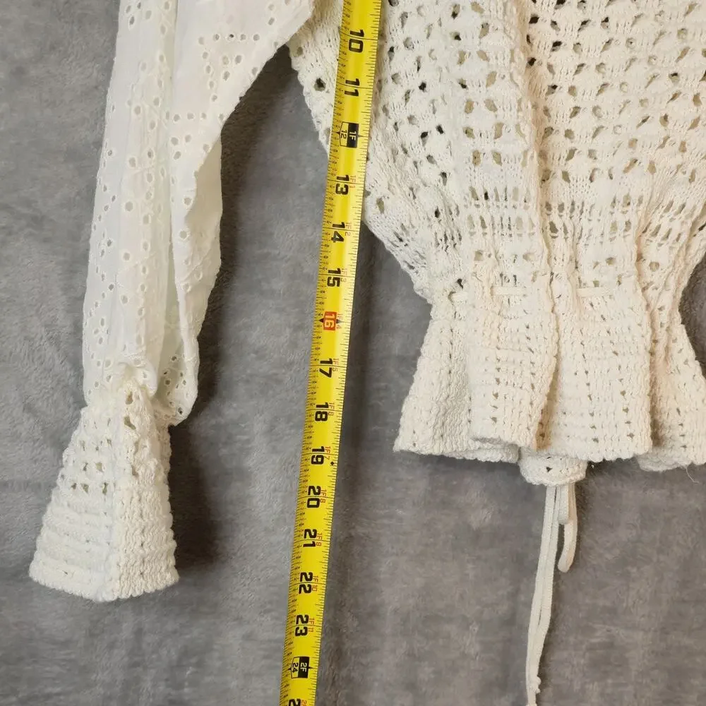ZARA Eyelet Crochet Long Sleeve Top Size Small Boho Cottagecore Festival NWT